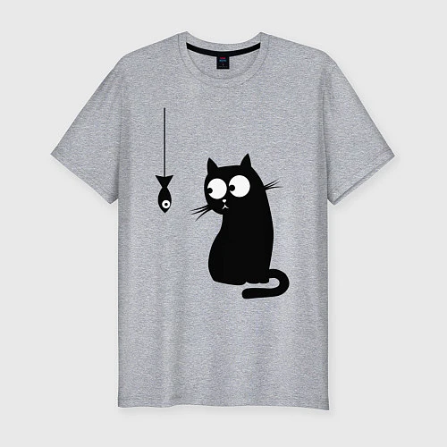 Мужская slim-футболка Кот и рыба / Меланж – фото 1