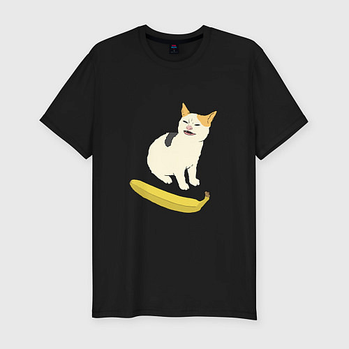 Мужская slim-футболка Cat no banana meme / Черный – фото 1