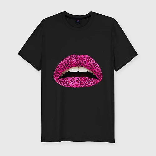 Мужская slim-футболка Pink leopard lips / Черный – фото 1