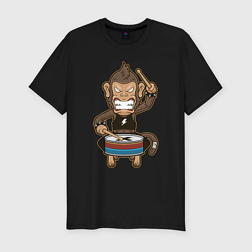 Мужская slim-футболка Обезьяна и барабан / Черный – фото 1