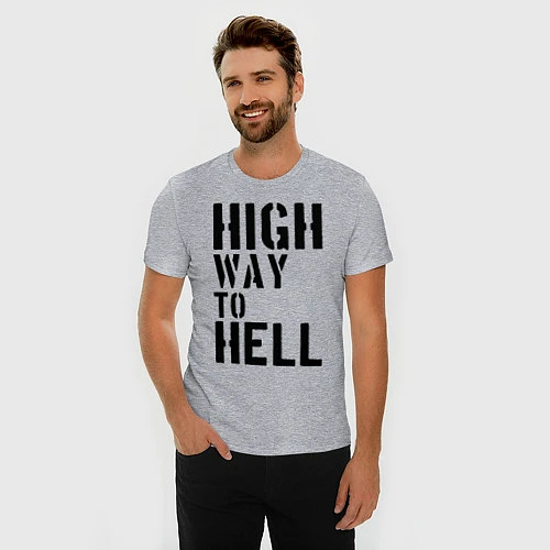 Мужская slim-футболка High way to hell / Меланж – фото 3