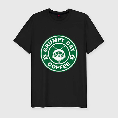 Мужская slim-футболка Grumpy cat coffee / Черный – фото 1