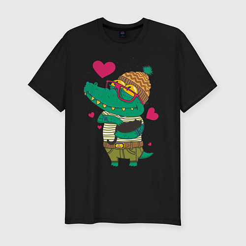 Мужская slim-футболка Влюбленный крокодил / Черный – фото 1