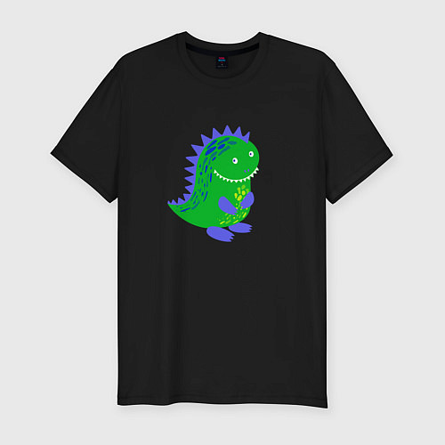 Мужская slim-футболка Зеленый дракончик-динозаврик / Черный – фото 1