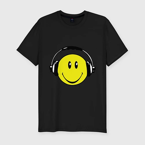 Мужская slim-футболка Смайлик в наушниках / Черный – фото 1