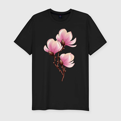 Мужская slim-футболка Ветка магнолии в цвету / Черный – фото 1