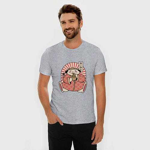 Мужская slim-футболка Толстый аниме кот ест рамен / Меланж – фото 3