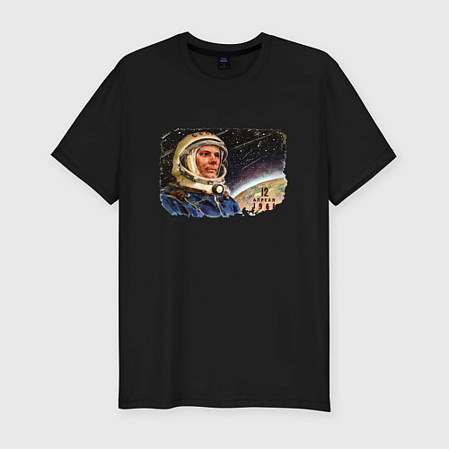 Мужская slim-футболка День космонавтики / Черный – фото 1