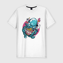 Футболка slim-fit Anime Octopus eating Ramen, цвет: белый
