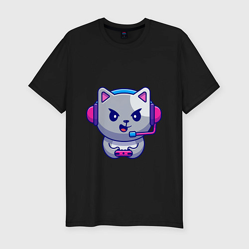 Мужская slim-футболка Кошка Геймер / Черный – фото 1