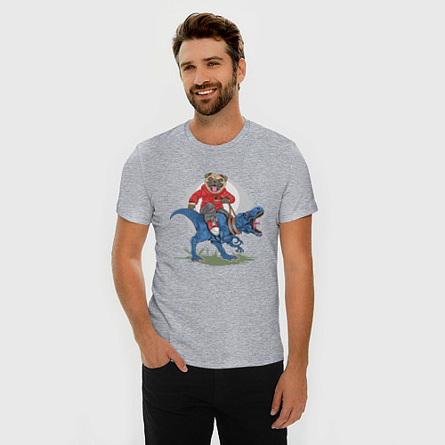 Мужская slim-футболка Мопс на динозавре / Меланж – фото 3