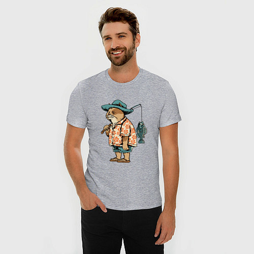 Мужская slim-футболка Кот рыбак / Меланж – фото 3