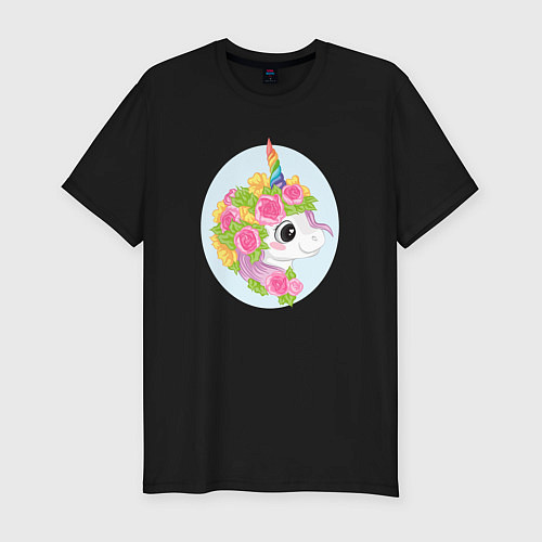 Мужская slim-футболка Единорог в цветах / Черный – фото 1