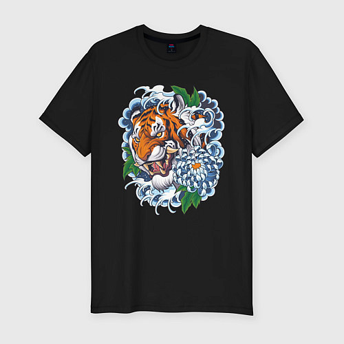 Мужская slim-футболка Тигр в цветах / Черный – фото 1