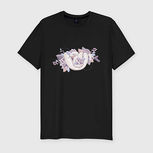 Мужская slim-футболка Белая змея и цветы / Черный – фото 1