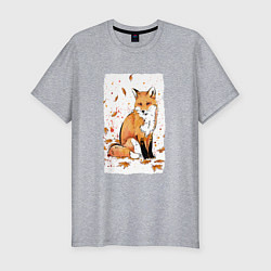 Футболка slim-fit ЛИСА В ЛИСТЬЯХ ОСЕННЕЕ НАСТРОНИЕ FOX IN THE FOREST, цвет: меланж