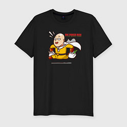 Мужская slim-футболка Счастливый Сайтама с пакетами продуктов One Punch-
