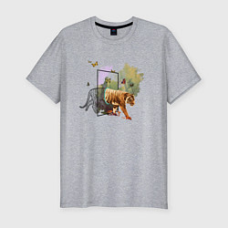 Мужская slim-футболка Тигр из матрицы Японский акварельный арт