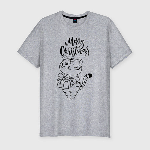 Мужская slim-футболка Merry Christmas Тигр с подарком / Меланж – фото 1