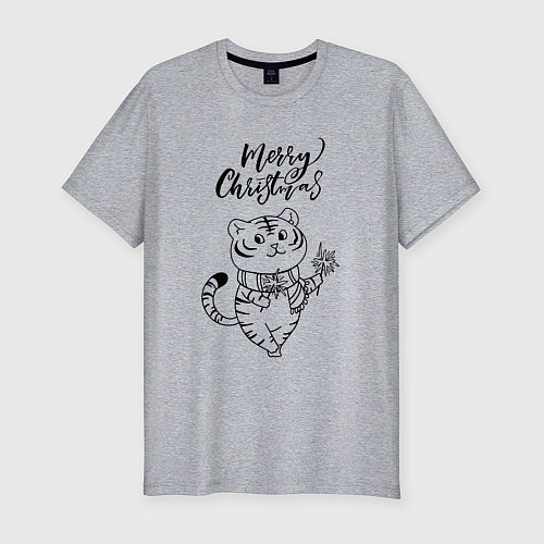 Мужская slim-футболка Merry Christmas Тигр с Огоньками / Меланж – фото 1