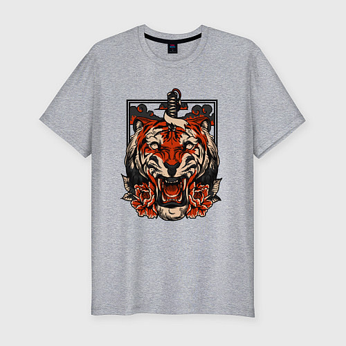 Мужская slim-футболка Японский дерзкий тигр / Меланж – фото 1