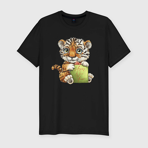 Мужская slim-футболка Новогодний милашка тигрёнок / Черный – фото 1