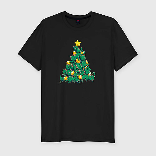 Мужская slim-футболка Christmas Tree Made Of Green Cats / Черный – фото 1