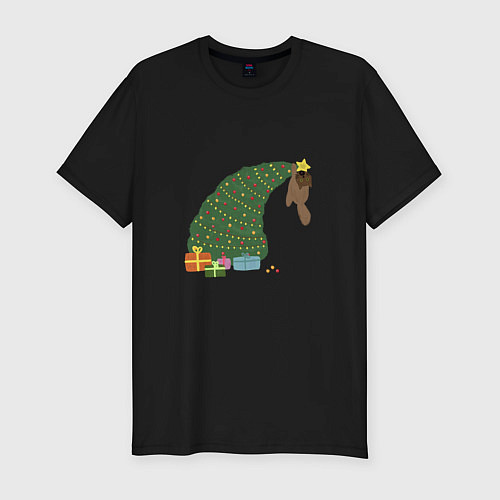Мужская slim-футболка Кот на новогодней ёлке / Черный – фото 1