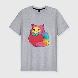Футболка slim-fit Влюбленный котик держит сердце, цвет: меланж