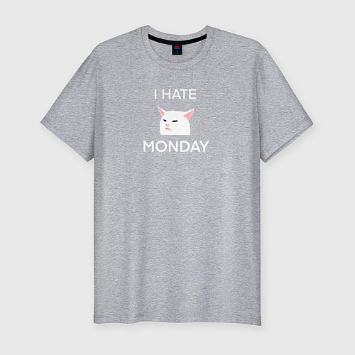 Мужская slim-футболка I hate monday текст с котом / Меланж – фото 1