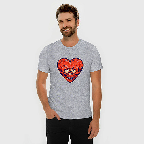 Мужская slim-футболка Пламенное сердце череп / Меланж – фото 3