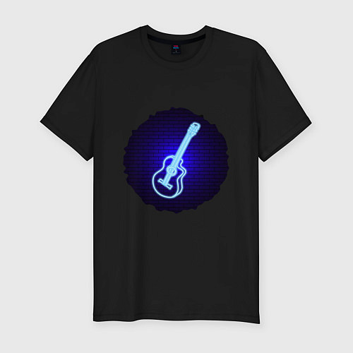 Мужская slim-футболка Неоновая гитара на фоне кирпичной стены / Черный – фото 1