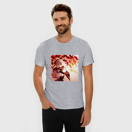 Мужская slim-футболка Каэдэхара Кадзуха с котенком Геншин Импакт / Меланж – фото 3