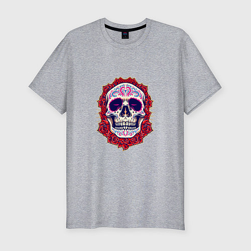Мужская slim-футболка Skull - Roses / Меланж – фото 1
