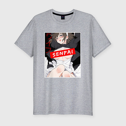 Мужская slim-футболка Девушка и надпись Senpai Ahegao / Меланж – фото 1