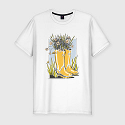 Мужская slim-футболка Цветы в резиновых сапогах Дачная эстетика