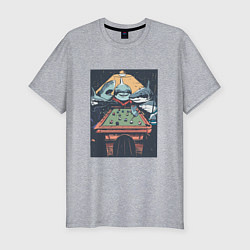 Мужская slim-футболка Акулы играют в бильярд Sharks Playing Pool