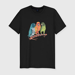 Мужская slim-футболка Три волнистых попугая на ветке