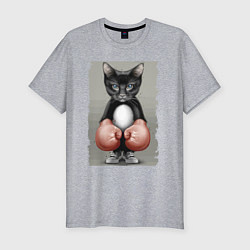 Мужская slim-футболка Крутой котяра в боксёрских перчатках Cool cat in b