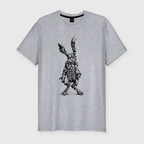 Мужская slim-футболка Кролик - драное ухо с часами на животе Rabbit - a / Меланж – фото 1