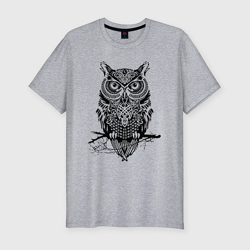 Мужская slim-футболка Черная сова в узорах / Меланж – фото 1