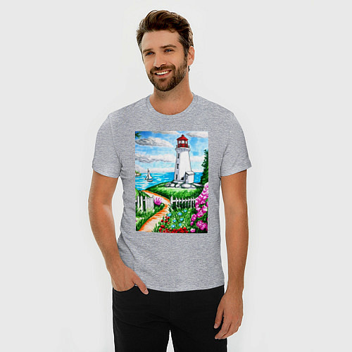 Мужская slim-футболка Маяк на берегу / Меланж – фото 3