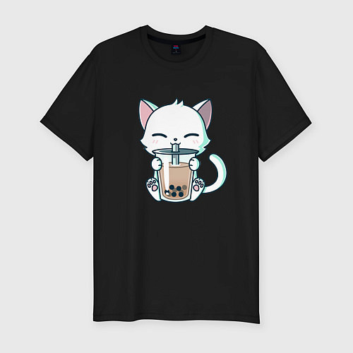 Мужская slim-футболка Котик с бабл ти / Черный – фото 1