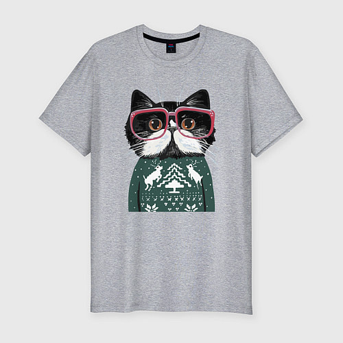 Мужская slim-футболка Умный кот в очках в новогоднем свитере / Меланж – фото 1