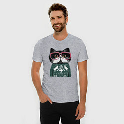 Футболка slim-fit Умный кот в очках в новогоднем свитере, цвет: меланж — фото 2