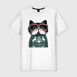 Мужская slim-футболка Умный кот в очках в новогоднем свитере
