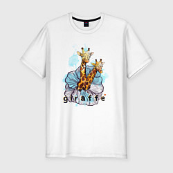 Мужская slim-футболка Парочка оранжевых в пятнышку жирафов в голубом акв