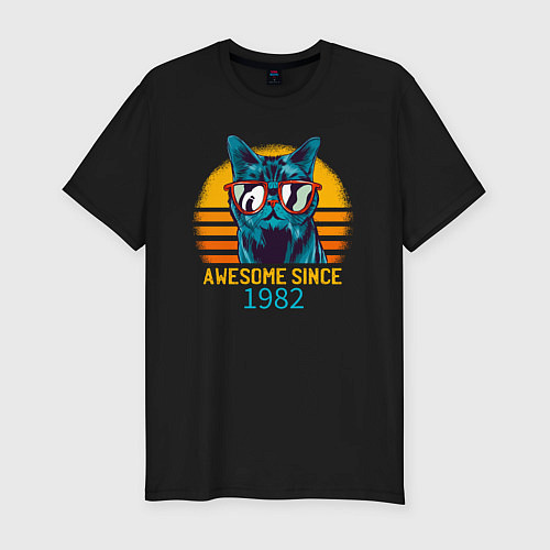 Мужская slim-футболка Потрясающе котэ с 1982 года / Черный – фото 1