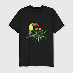 Мужская slim-футболка Птица тукан с цветами и листьями