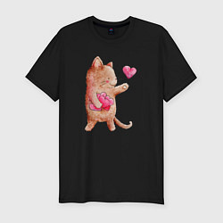 Футболка slim-fit Рыжий котик дарит свою любовь - сердечки, цвет: черный